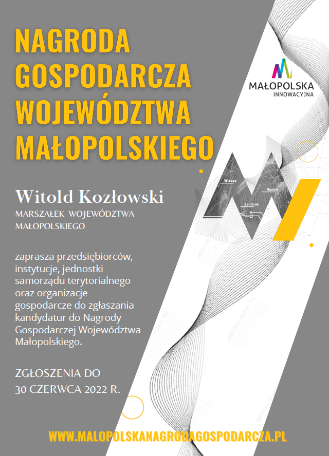 zdjęcie przedstawia informacje konkursu XIII edycja Nagrody Gospodarczej Województwa Małopolskiego 2022!